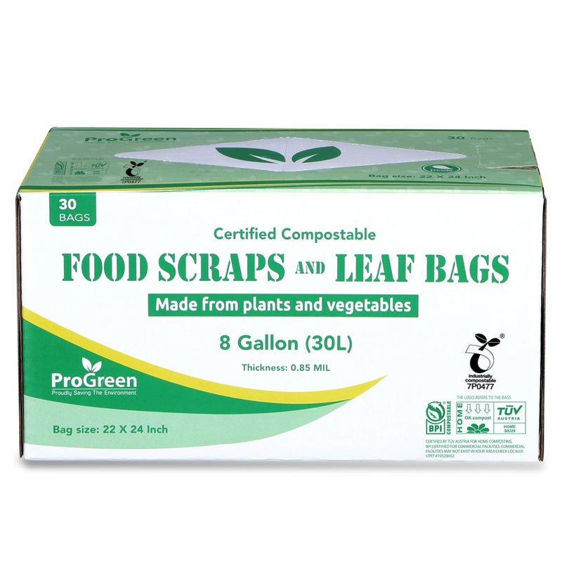 ProGreen Compostable Trash Bags, Extra Thick, Compost Kitchen Bin Bags, Food Scraps Yard Waste Bags, ASTM D6400 BPI and TÃœV AUSTRIA Certified (8 Gallon, Pack of 30) - Image 2